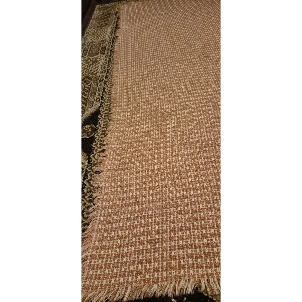 Vintage Woven Fringe Throw Blanket Tan Cream Check 78x57 Boho Cottagecore